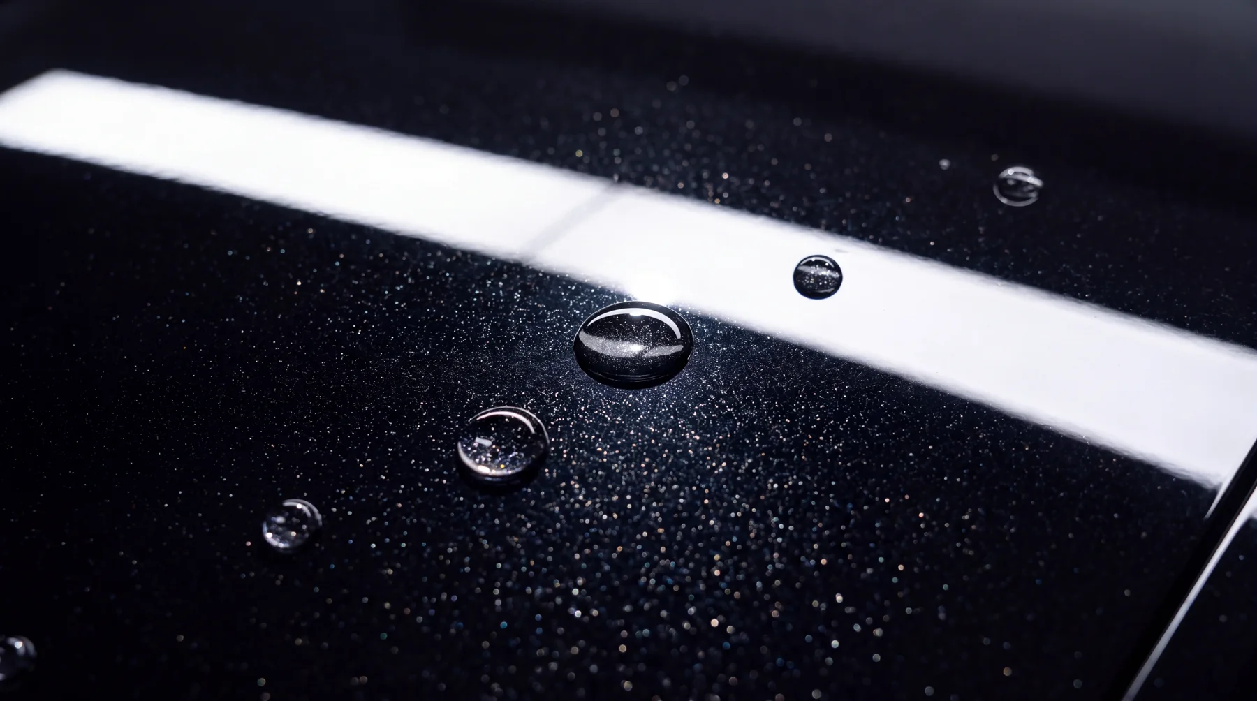Macro of black paint showing metallic flake and water beading