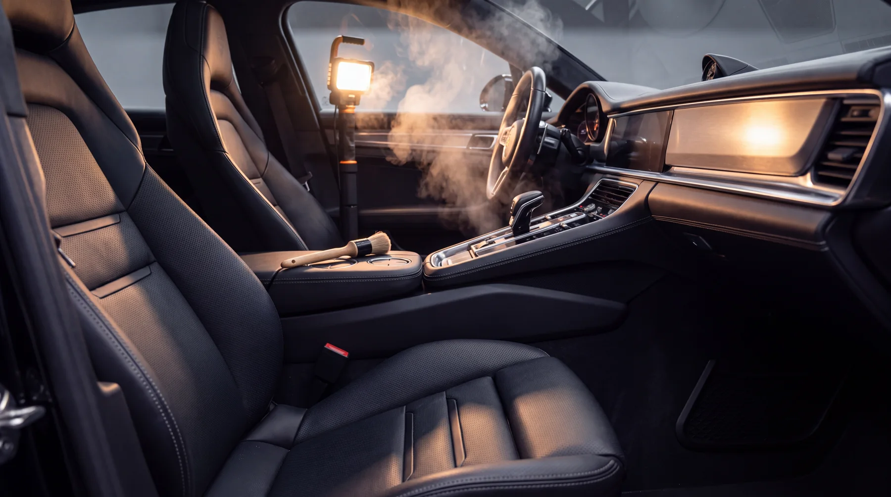 Quilted black leather interior with steam drifting through lamplight