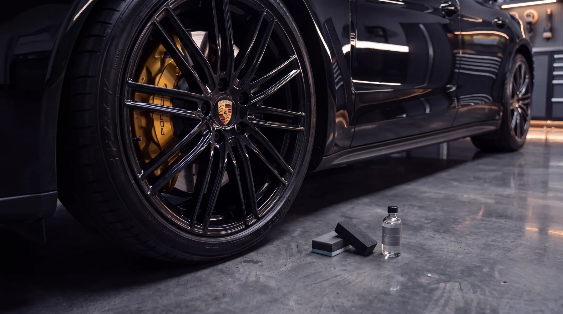 Gloss black forged wheel with gold caliper behind it